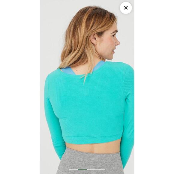 Aerie OFFLINE Teal Thumbs Up Bow Long Sleeve Modal Crop Top- Size Large - Picture 5 of 9